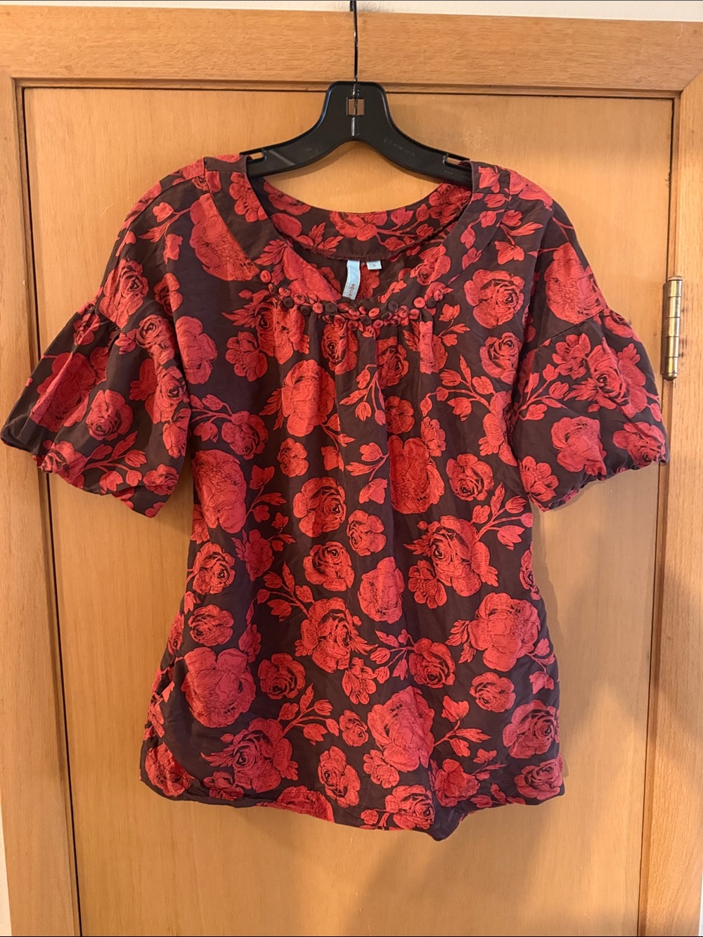 Aquarius Women’s Silk Floral Puff-Sleeve Tie Back Blouse Top Red Size Small
